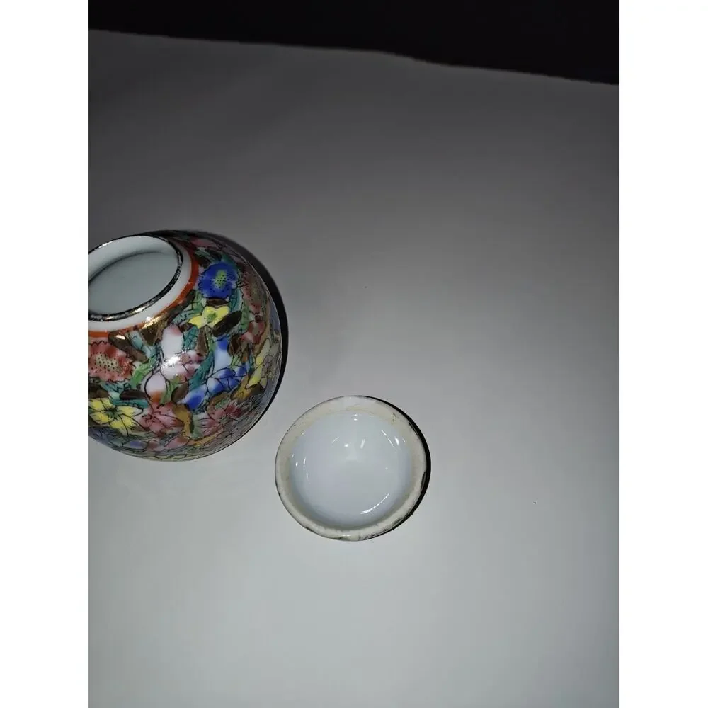 Colorful Vintage Botanical Ginger Jar Urn Hand Painted Floral Mini Vase With Lid
